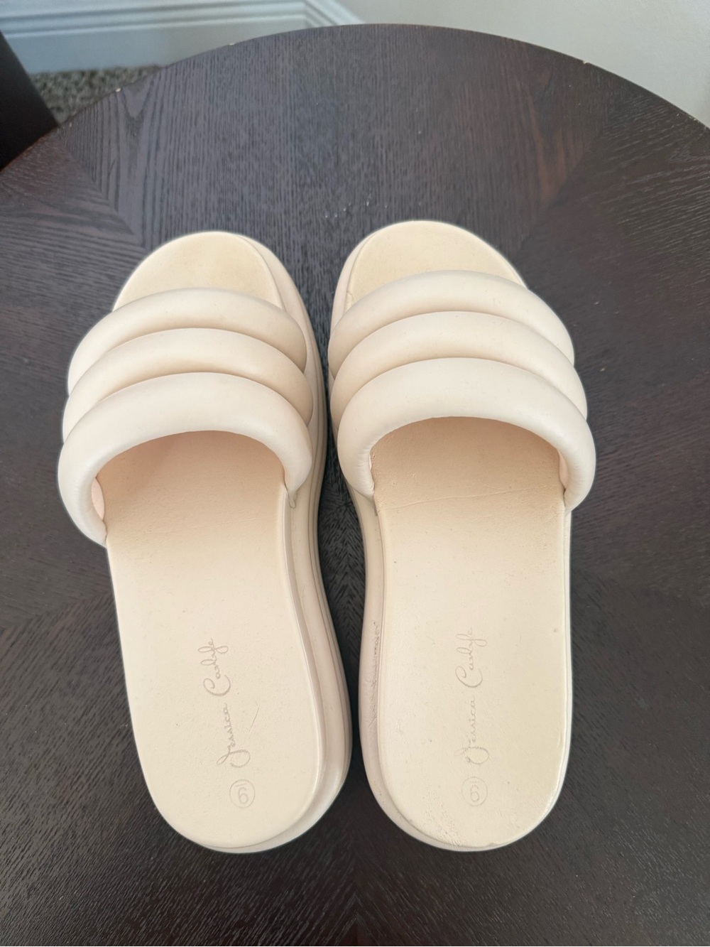 Padded Triple-Band Slide Mules in Cream -